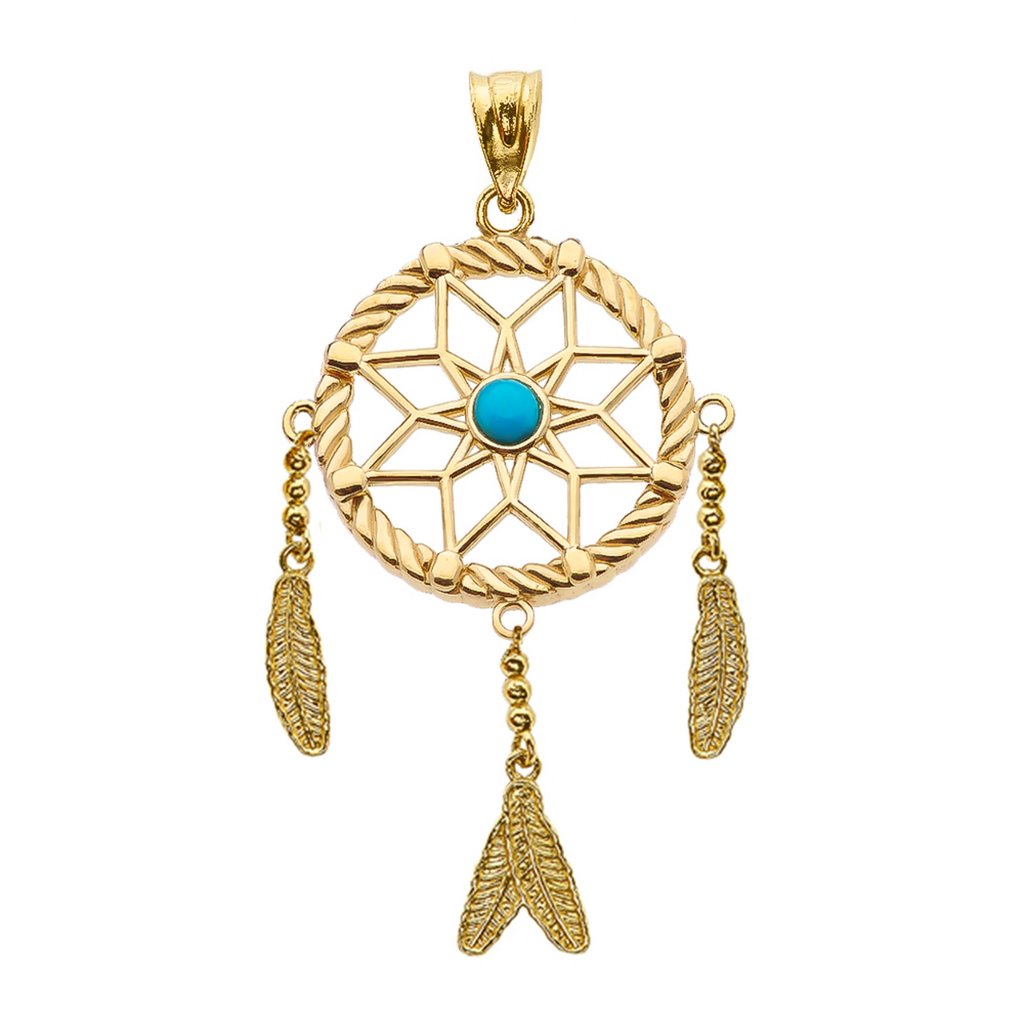 14k Gold Turquoise Flower Dream Catcher Pendant 550$